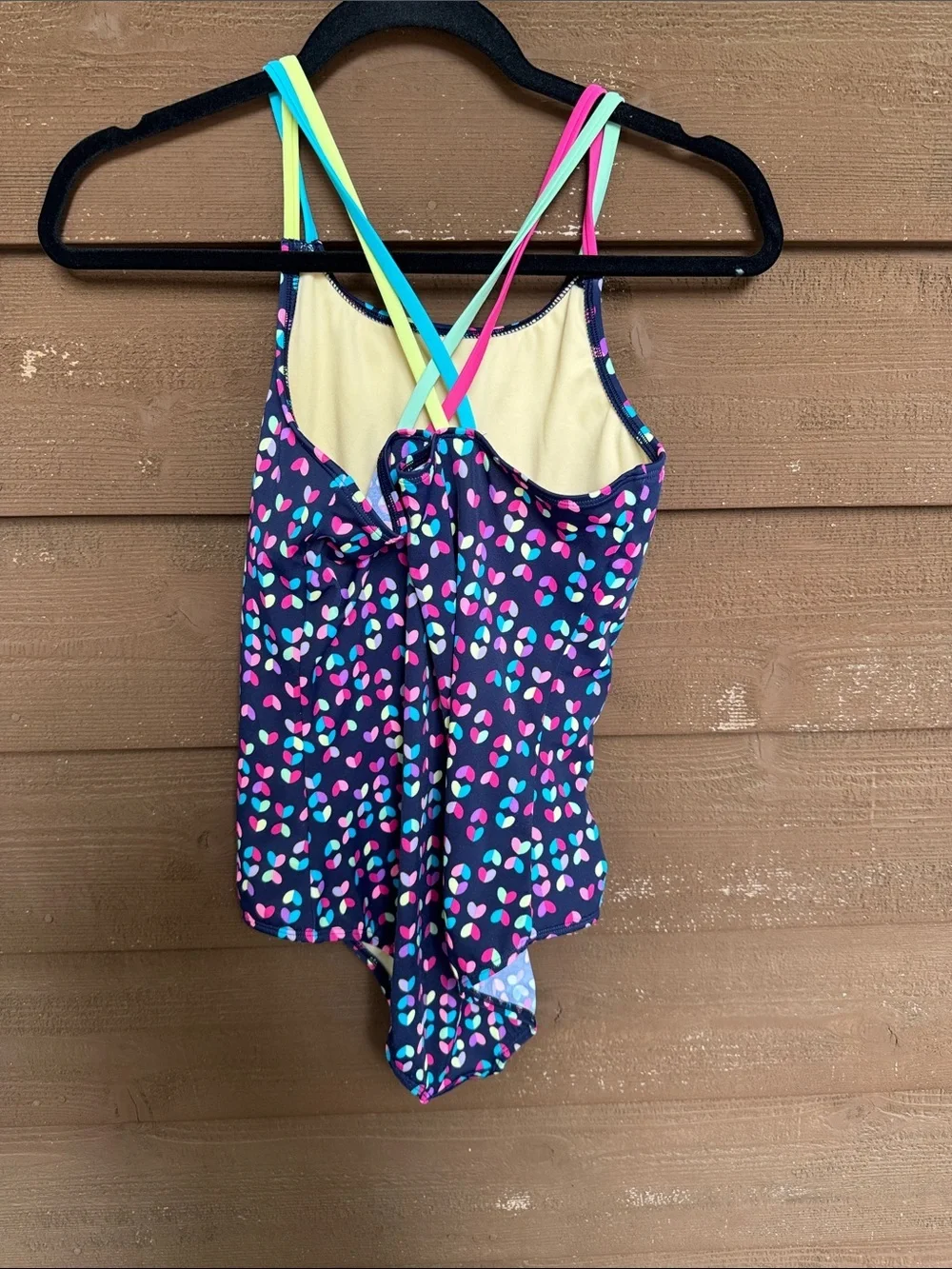Lands' End Navy One-Piece Swimsuit with Neon Pink, Aqua & Yellow Hearts size 16+